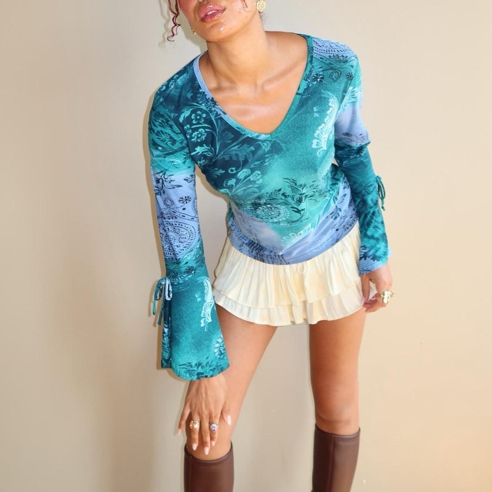 Y2K Blue Green Mesh Floral Top – NYC Design Co 2000s Fairycore Small - Picture 4 of 8